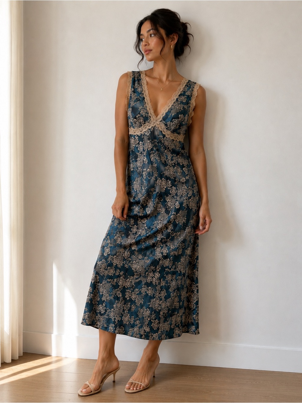 Thirty Thirty Teal Floral Lace Trim Satin Maxi Slip Dress Size medium